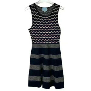 CeCe Cynthia Steffe Black Striped & Chevron Knit Dress SIZE-MEDIUM